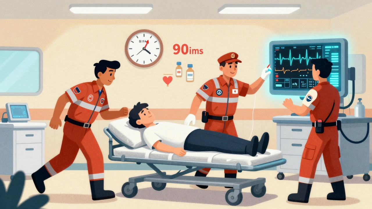 Emergency team rushing a patient into the ER, transmitting ECG data as they administer aspirin.