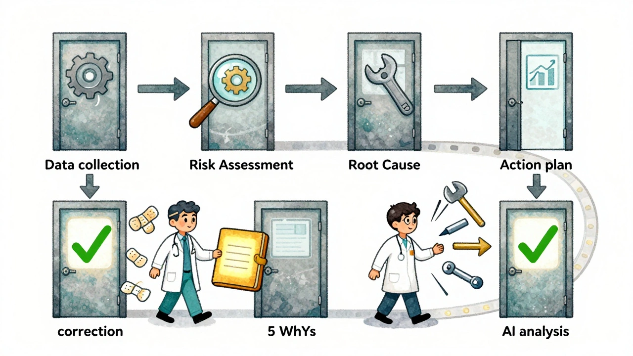 Engineer walking a six-step CAPA path through a factory, replacing bandages with tools and data.