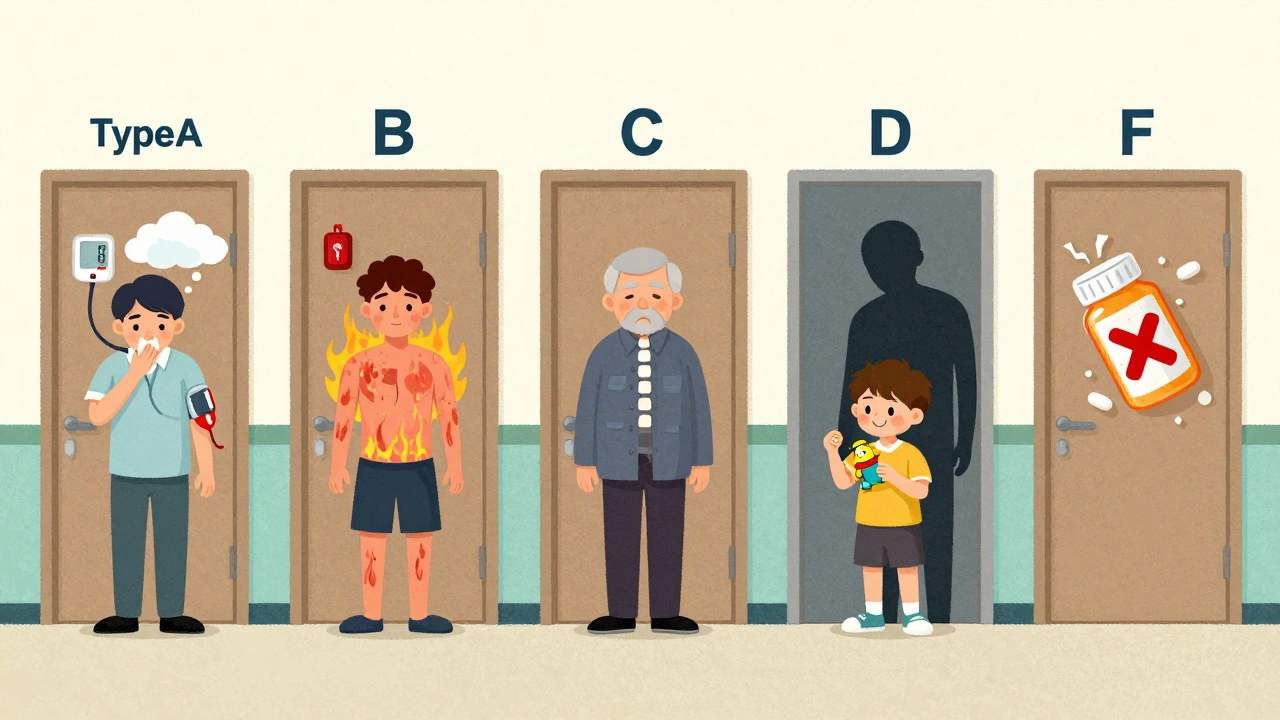 Five doors labeled Type A to F, each showing different drug reaction scenarios in a hospital hallway.