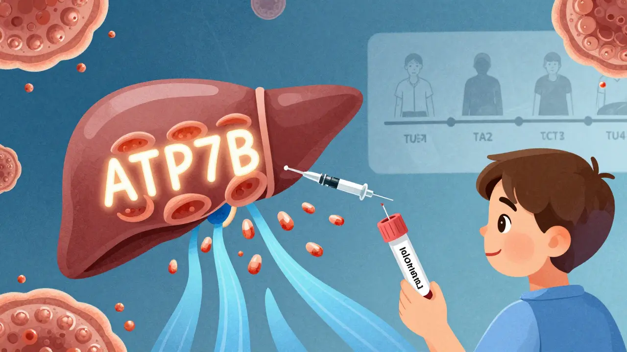Gene therapy vector repairing liver cells, copper flowing harmlessly away as child holds normal test result