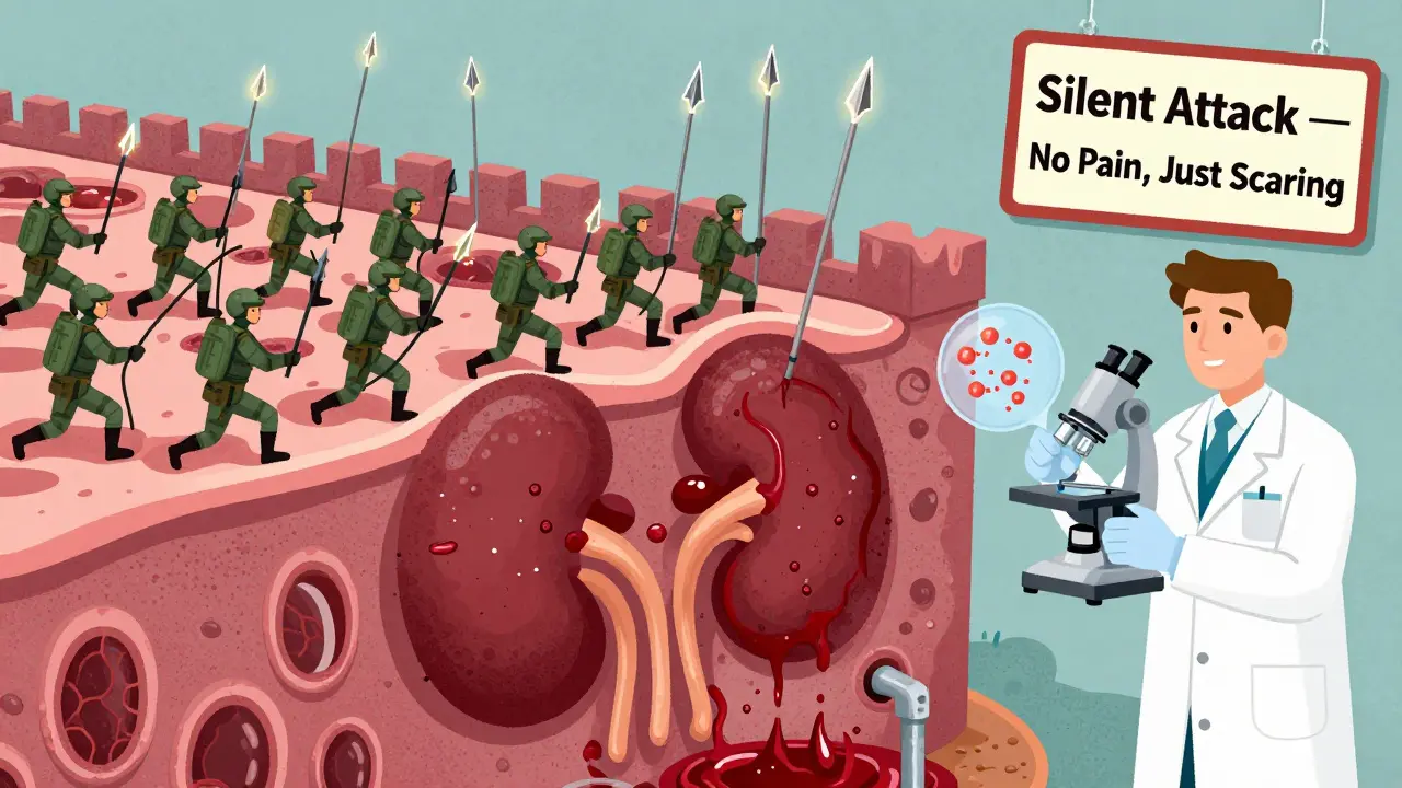 Immune cells attacking kidney filters like soldiers, causing inflammation and blood in urine.