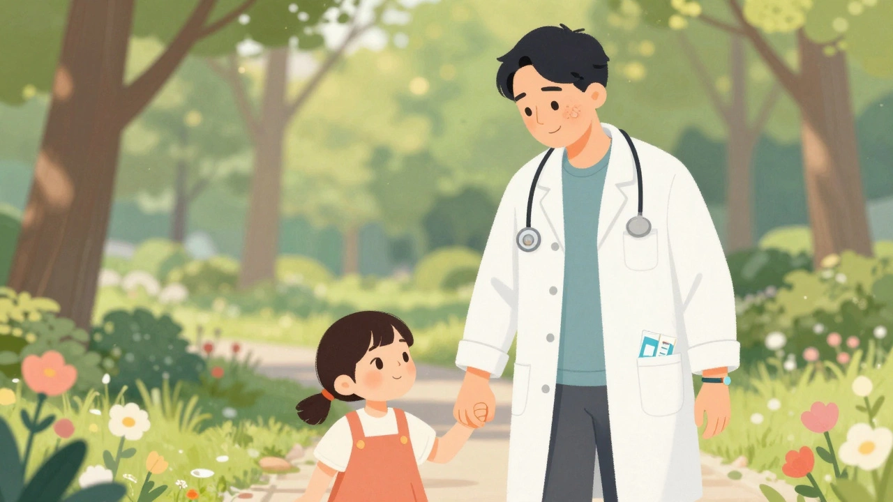 Man walking with granddaughter in park, medical supplies visible in coat pocket, peaceful expression.