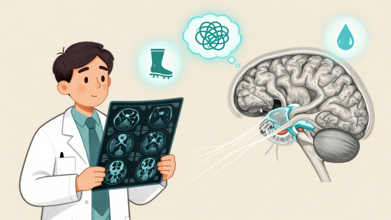 Neurologist examining MRI of enlarged brain ventricles with icons representing gait, cognition, and bladder issues.