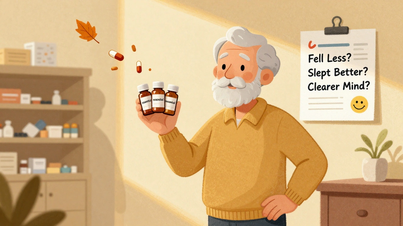 Older adult holding just three essential pills as other medications fade away like leaves in sunlight.