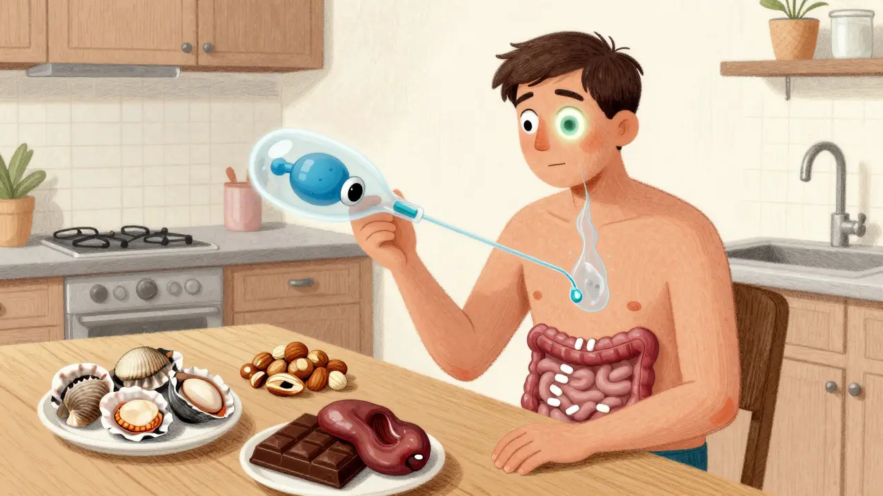 Patient at table avoiding copper-rich foods, with chelation and zinc blocking copper absorption