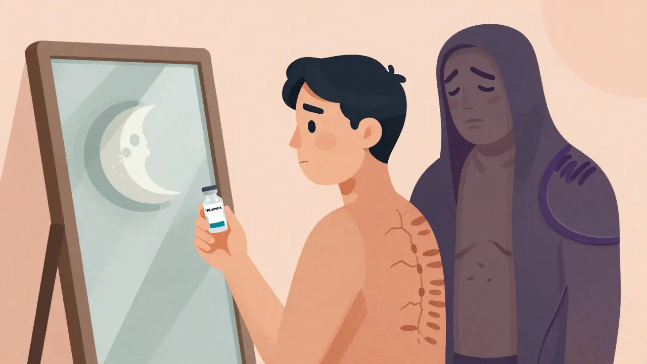 Patient looking in a mirror as their former swollen self fades away, symbolizing recovery after Cushing's surgery.