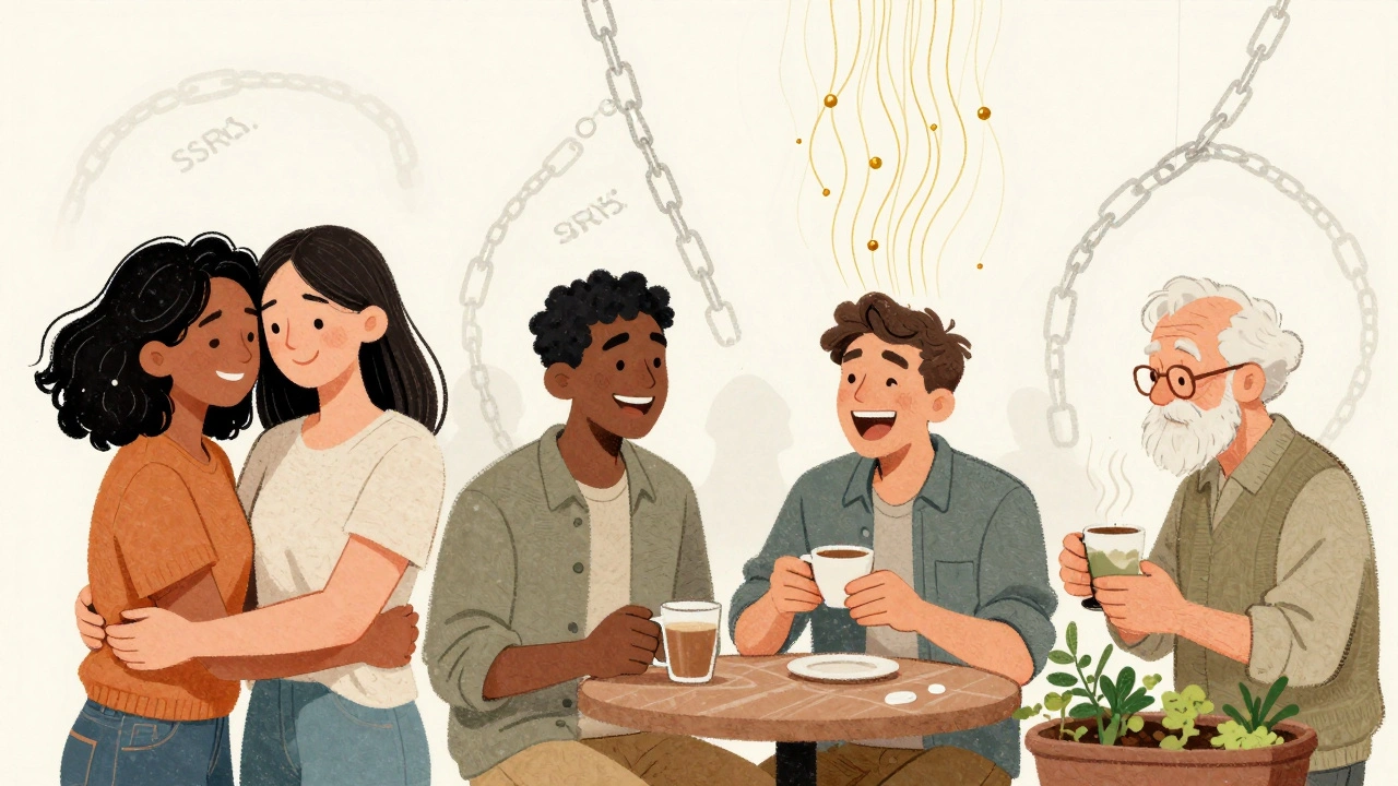 People emerging from emotional fog as golden threads lift their spirits, symbolizing buspirone&#039;s mood-enhancing effects.