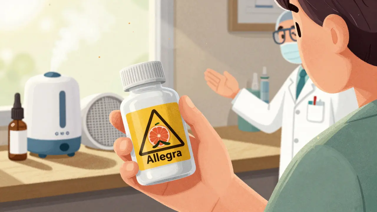 Person with Allegra bottle and grapefruit warning, surrounded by non-medication allergy relief tools.