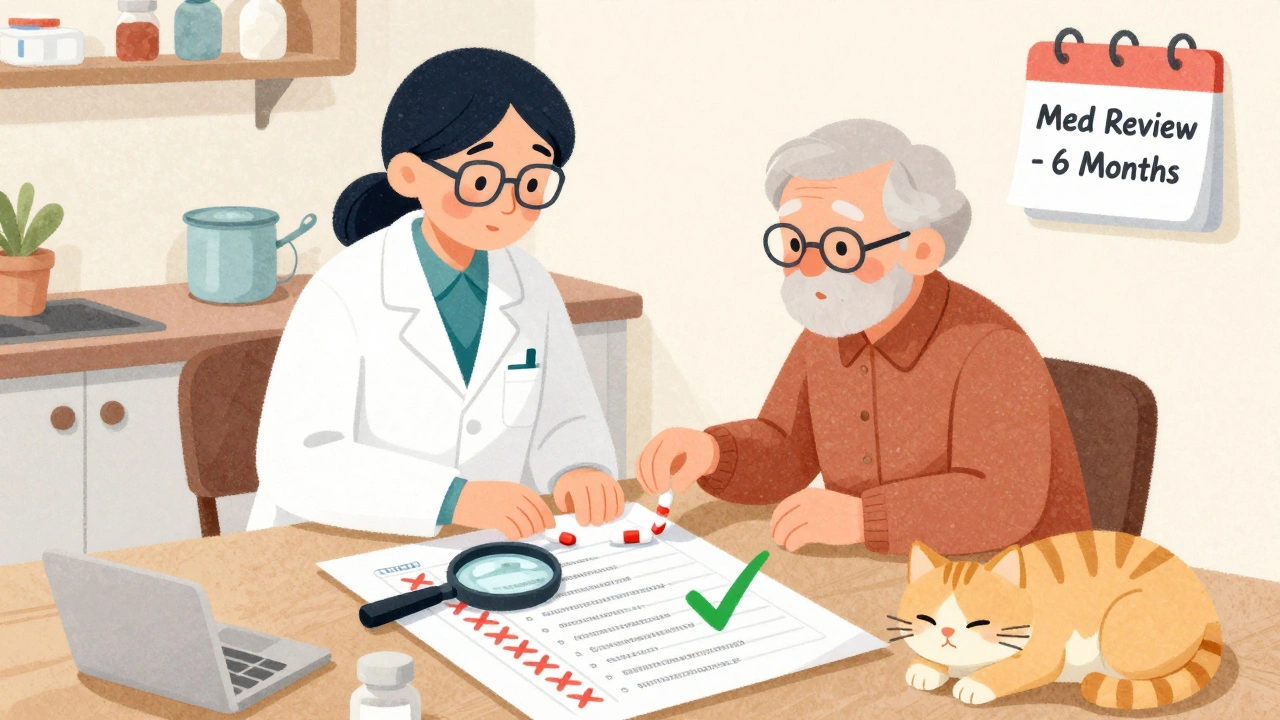 Pharmacist and older adult reviewing medications together at a kitchen table with a chart and magnifying glass.