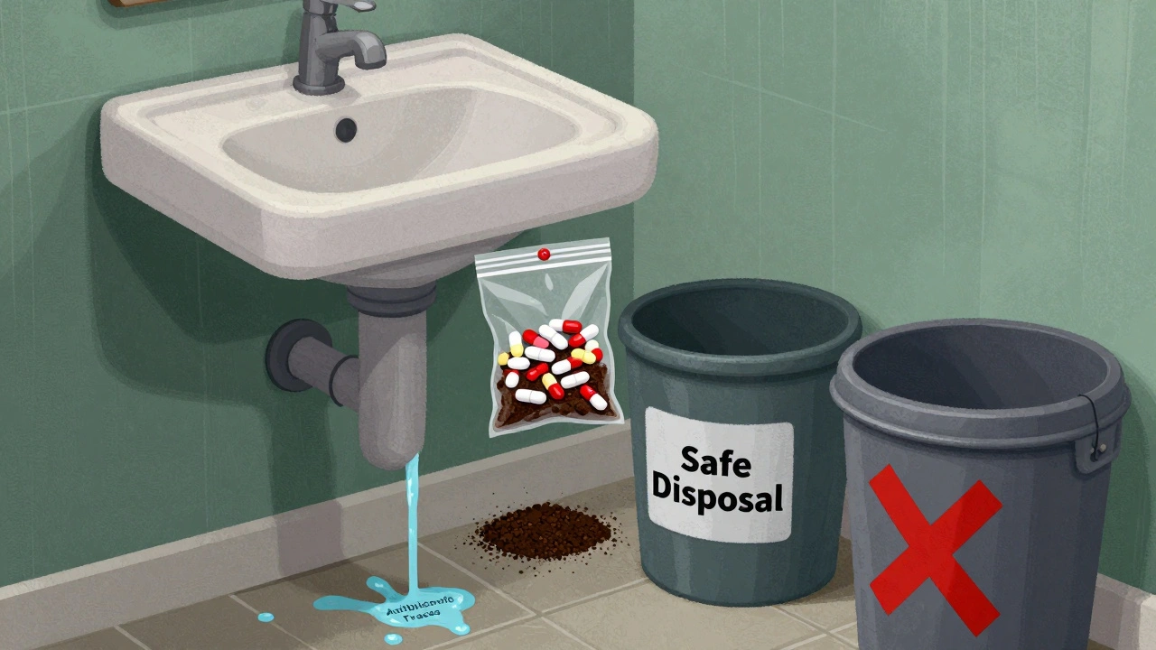 Sealed bag of mixed pills and coffee grounds ready for trash disposal