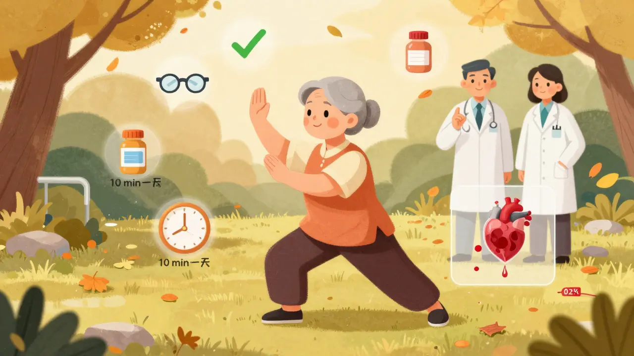 Senior woman practicing Tai Chi outdoors with safety icons floating around her, symbolizing fall prevention.