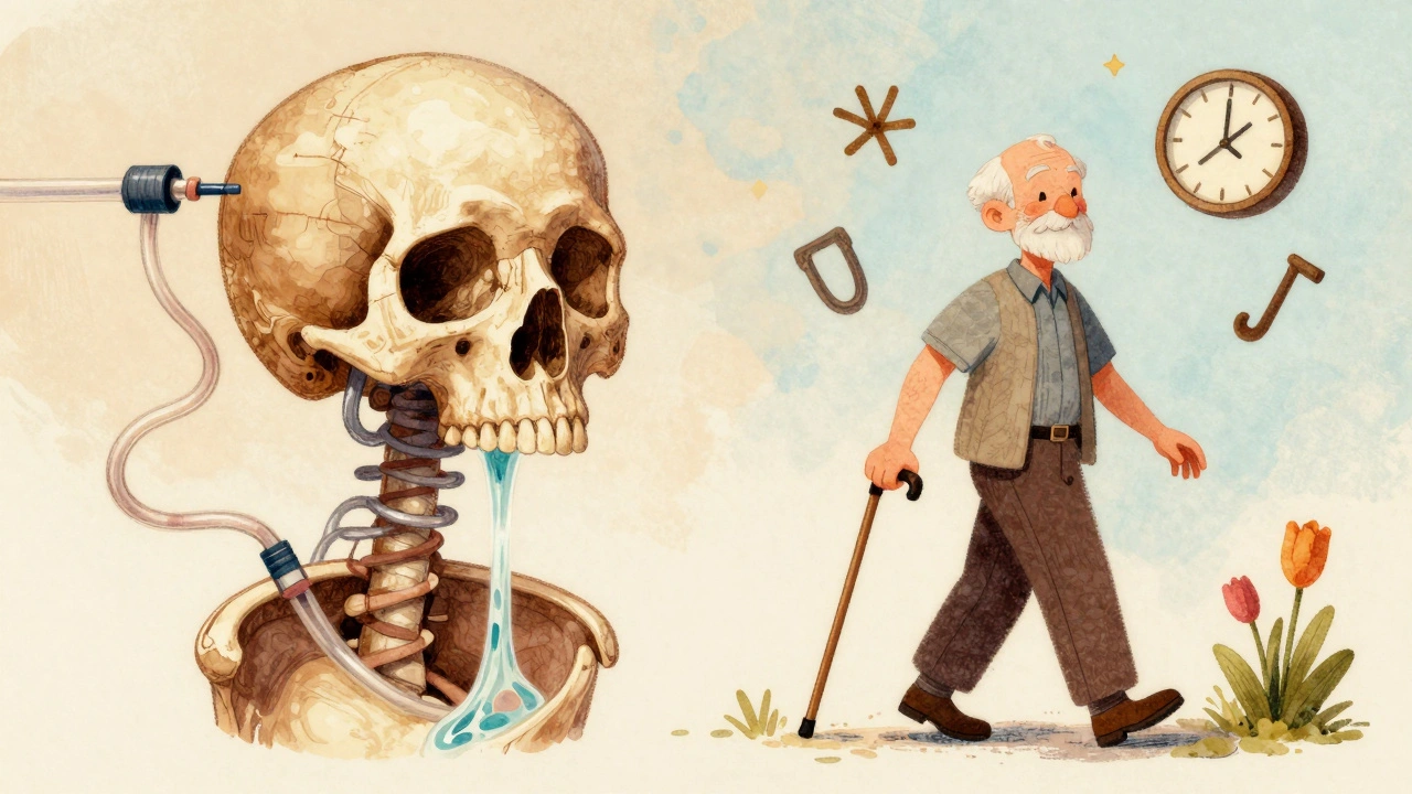 Shunt device draining fluid from brain to abdomen as man walks freely, symbolizing restored mobility and life.