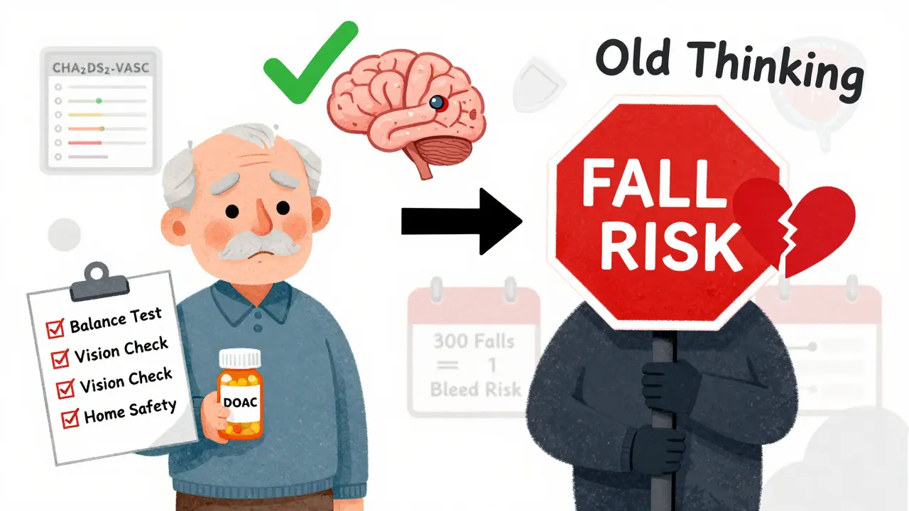 Side-by-side comparison: elderly man embracing safety measures vs. faded symbol of outdated fall-risk fears.