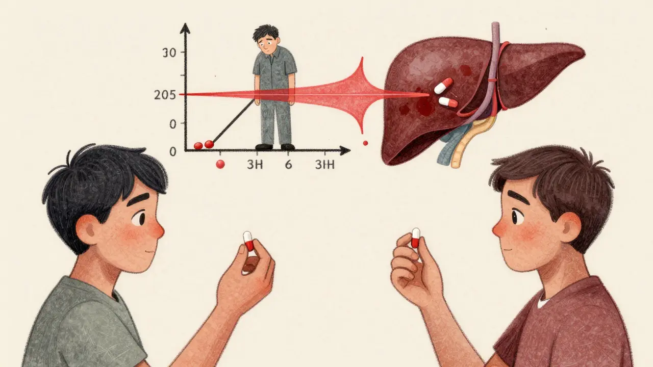 Side-by-side comparison of drug levels in healthy vs. cirrhotic liver, with enzymes slowing down.