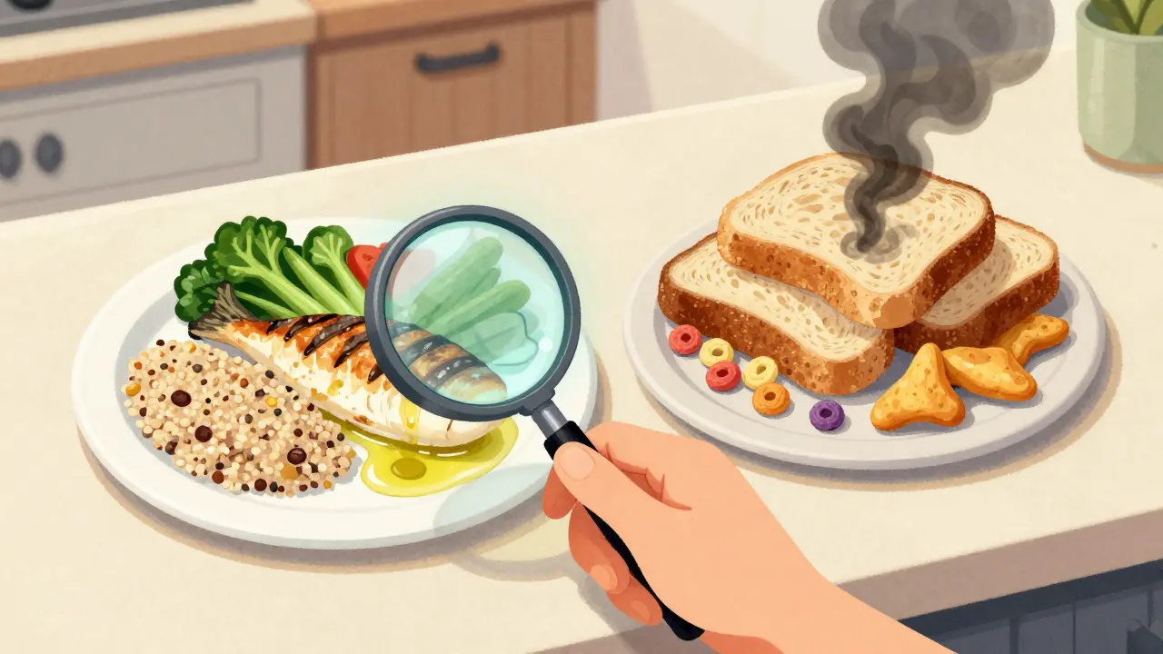 Side-by-side kitchen plates: one healthy gluten-free meal glowing, the other processed gluten-free foods emitting dark smoke.