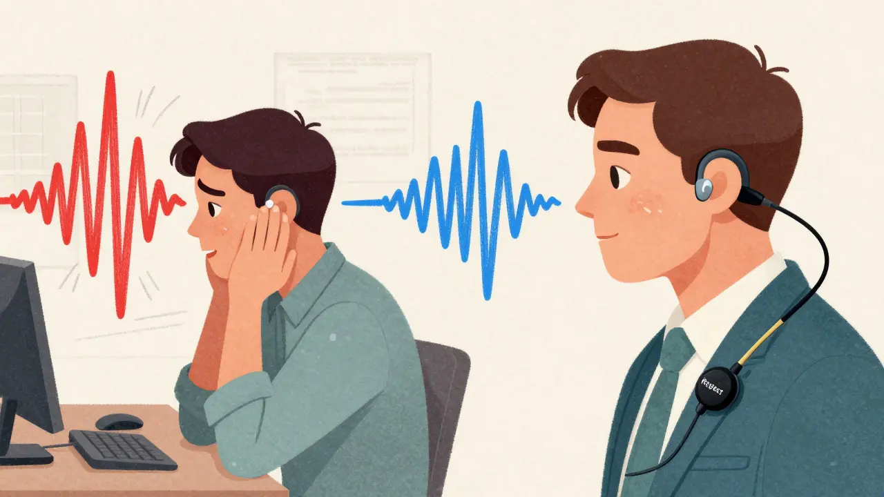 Side-by-side scene: chaotic noise vs. clear speech waves traveling from a remote mic to hearing aids in an office setting.