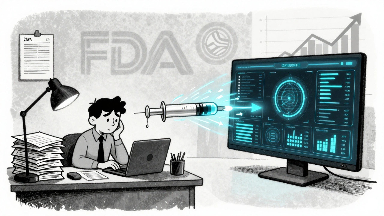 Split scene: chaotic paper-based quality process vs. clean digital CAPA system with real-time data.