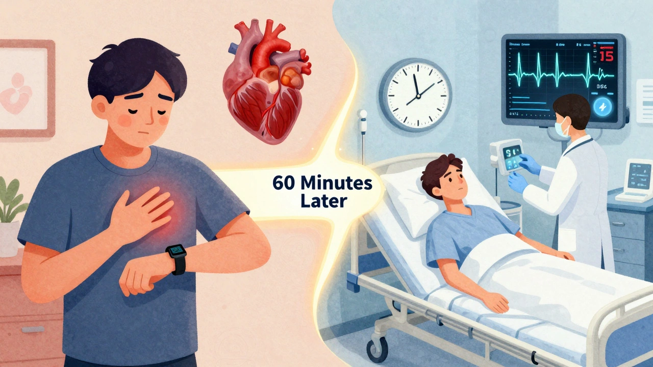 Split scene: ignoring chest pain at home vs. receiving diagnosis in ER with AI-enhanced ECG and troponin results.