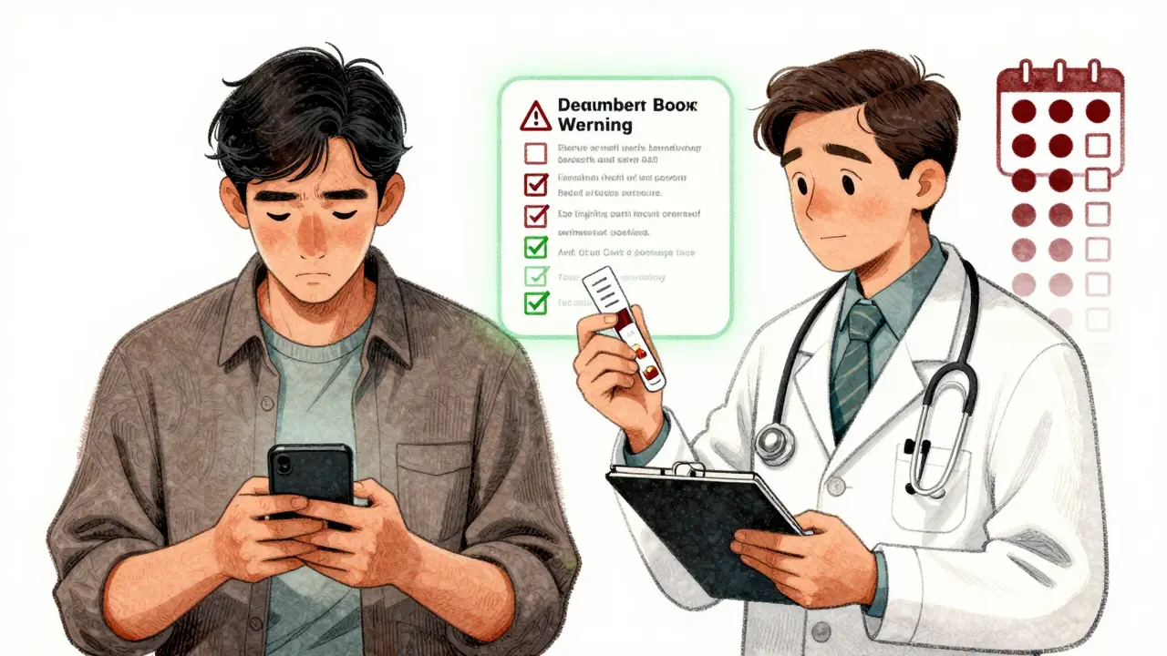 Split scene: one side ignoring a drug warning, the other actively discussing it with a doctor and tracking tests.