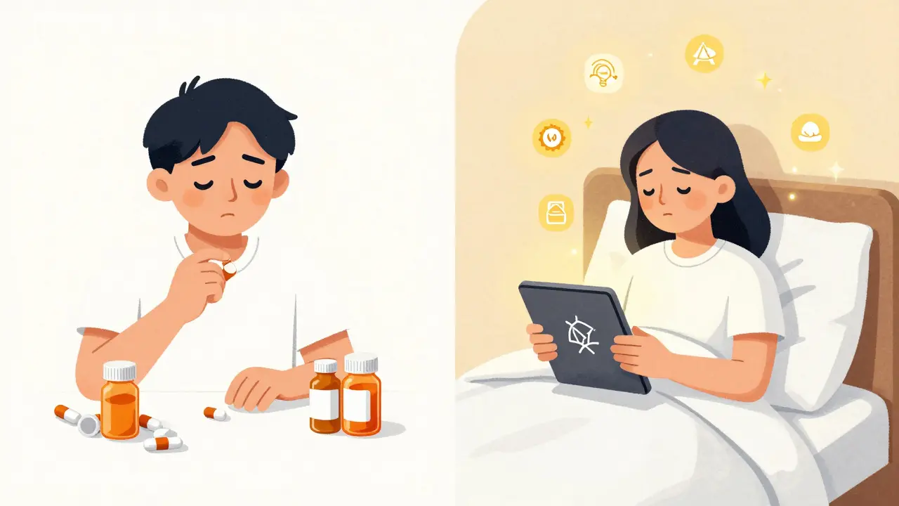Split scene: one side shows medication bottles, the other shows someone using a sleep app with warm light and calming icons.