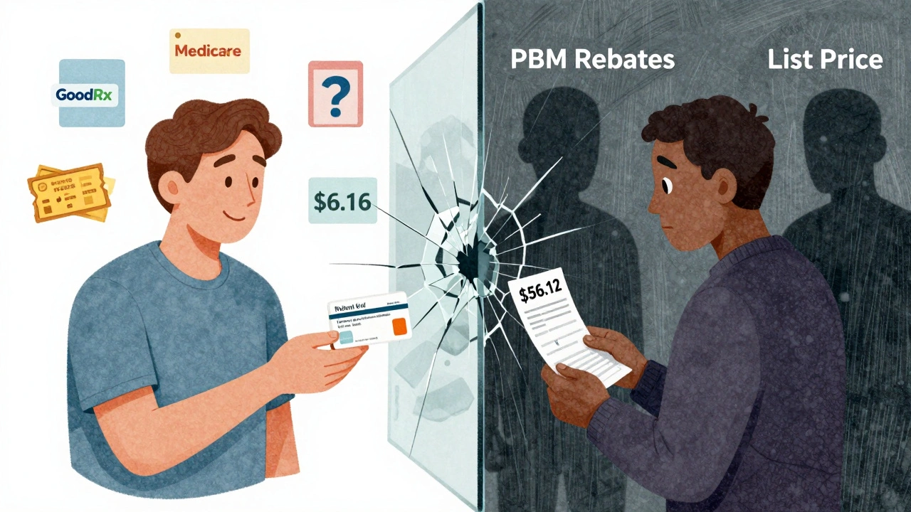 Split scene: patient pays low generic cost vs. high brand-name cost with price divide