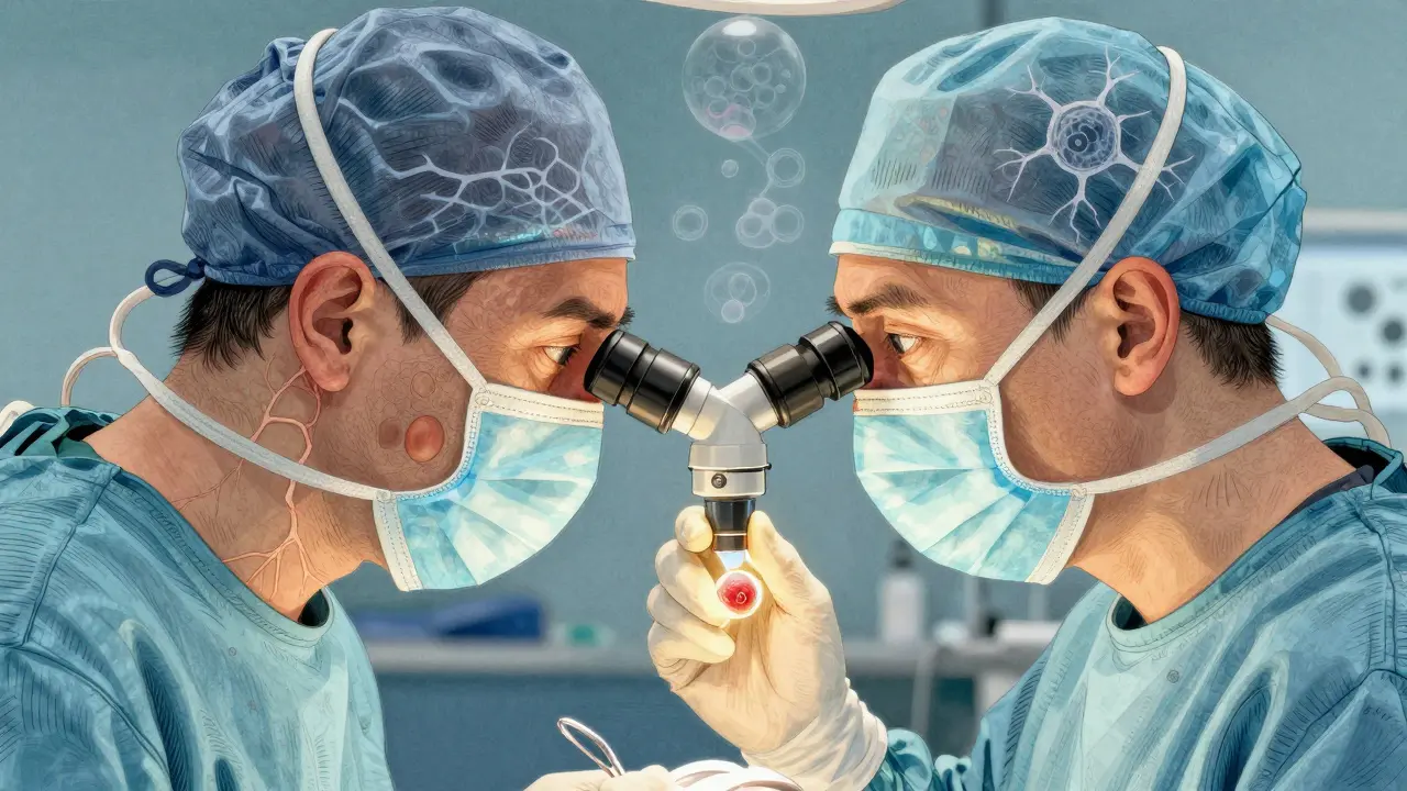 Surgeon using a 3D endoscope to remove a small pituitary tumor through the nose during Cushing's syndrome surgery.