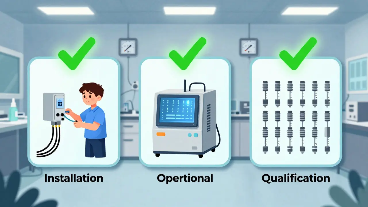 Three panels illustrating IQ, OQ, and PQ validation phases in a cleanroom with environmental gauges.