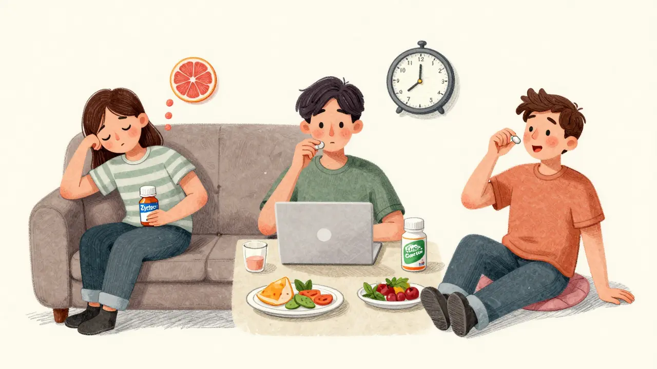 Three people experiencing different effects of Zyrtec, Allegra, and Claritin with contextual symbols.