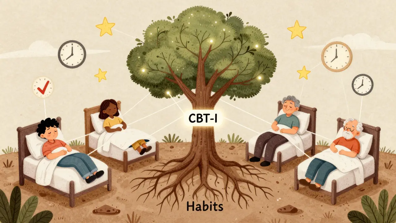 Three people sleeping peacefully, connected by glowing threads to a tree labeled 'CBT-I' with roots in habits and branches in stars.