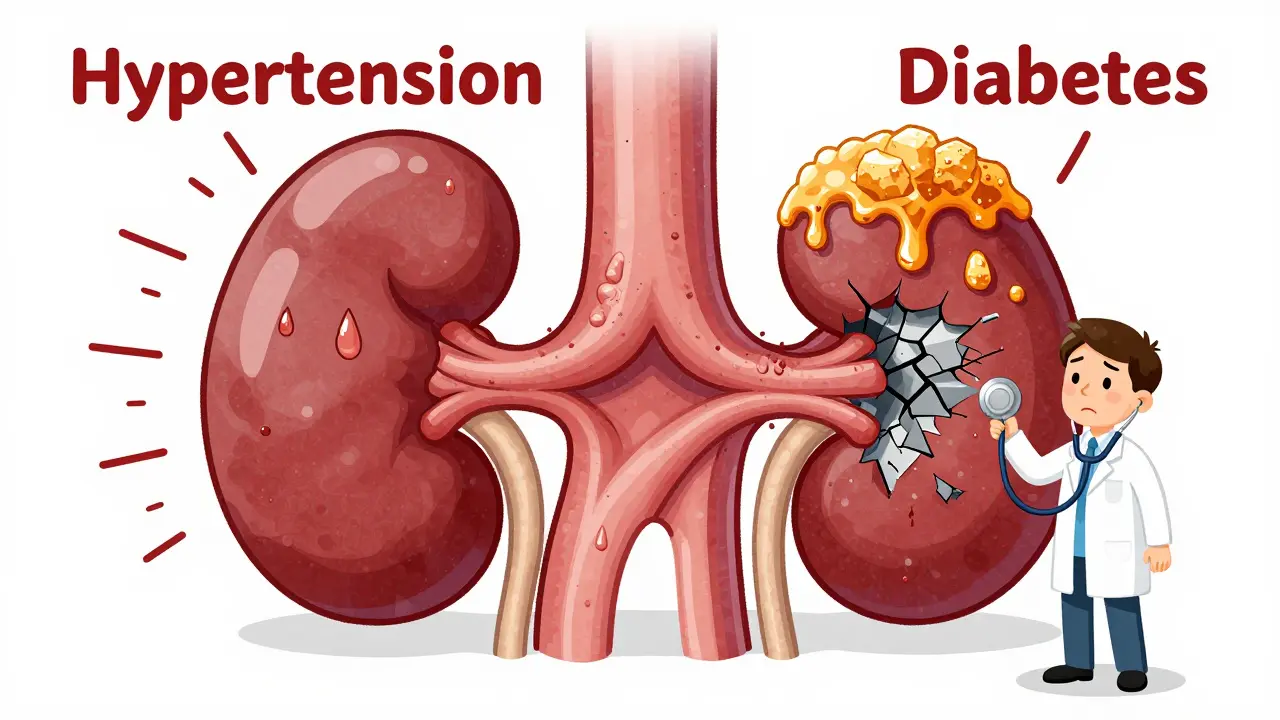 Two forces—hypertension and diabetes—crushing kidney filters under pressure and sugar crystals.