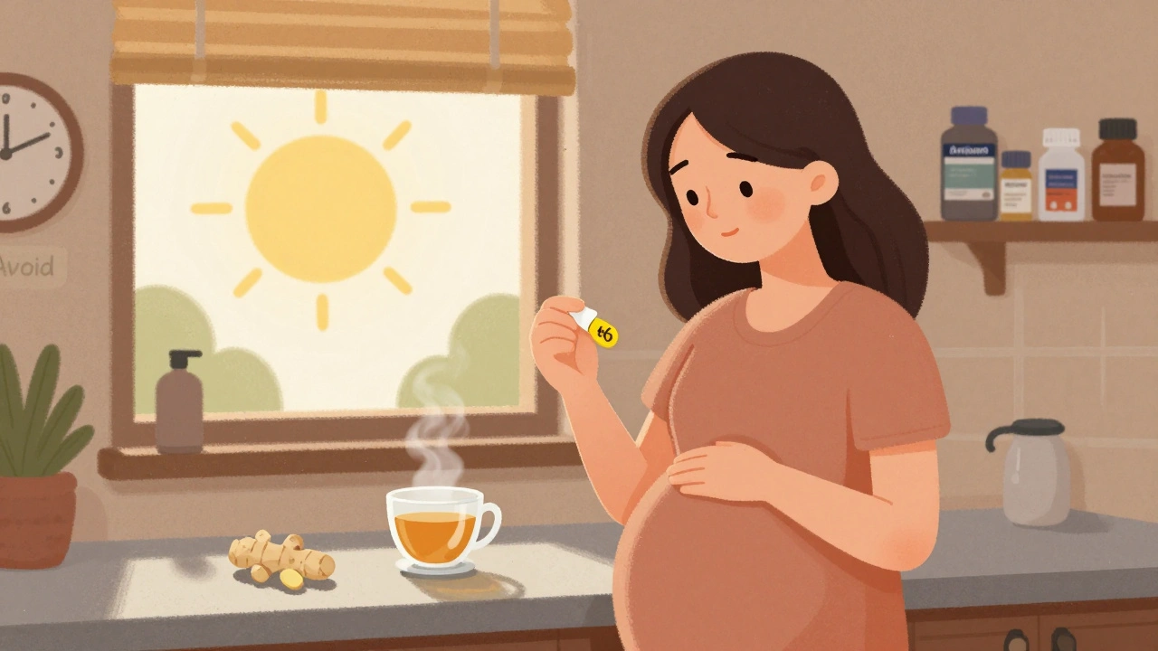 Woman taking vitamin B6 and Unisom at home with ginger tea and morning light.