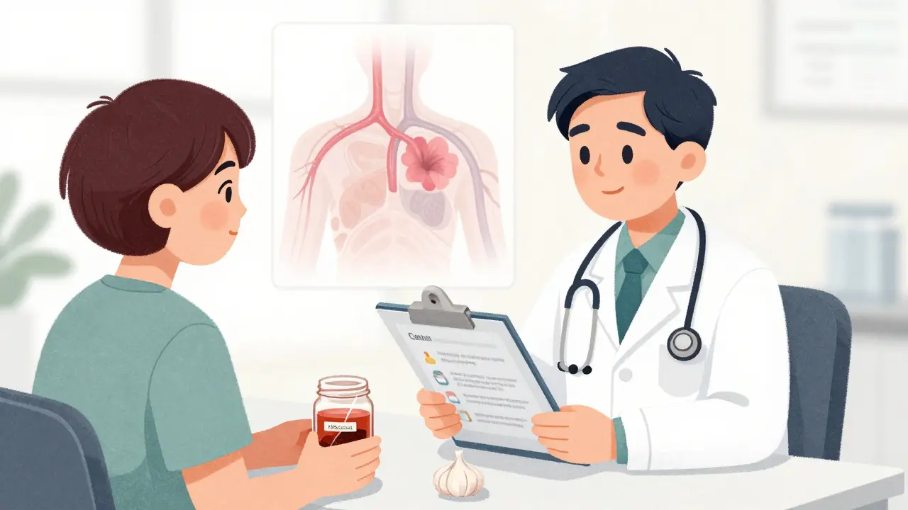 A doctor and patient discussing treatment options with natural remedies and medication shown side by side on a chart.