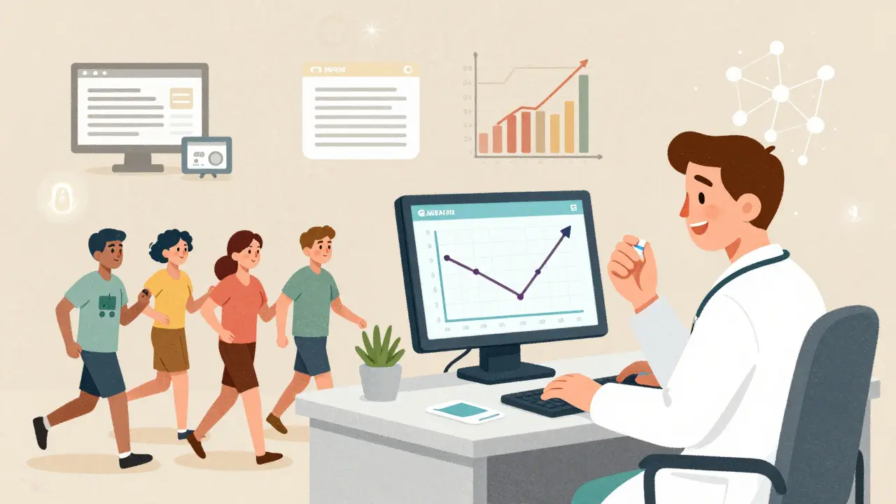 A doctor views a dashboard showing falling hospitalization rates as generic use increases, with healthy patients in the background.