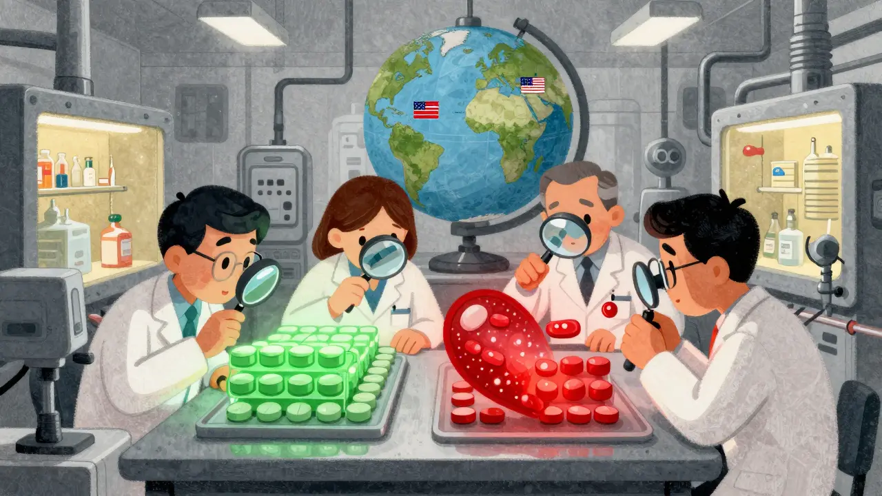 A generic drug factory with inspectors checking batches, one clean and one contaminated, under FDA inspection flags.