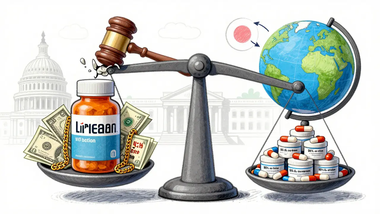 A giant scale balancing expensive brand-name drugs against affordable generic pills, with global price references in the background.