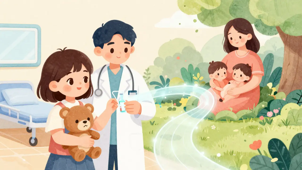 A girl stands with a doctor holding preserved ovarian tissue, leading to a future birth scene.