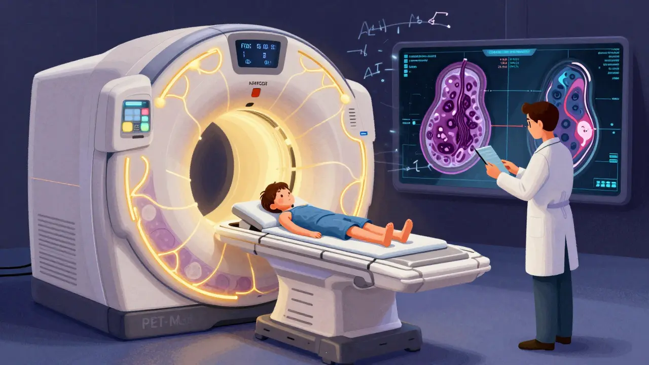 A hybrid PET-MRI machine illuminating a child and doctor with intertwined metabolic and anatomical data streams.
