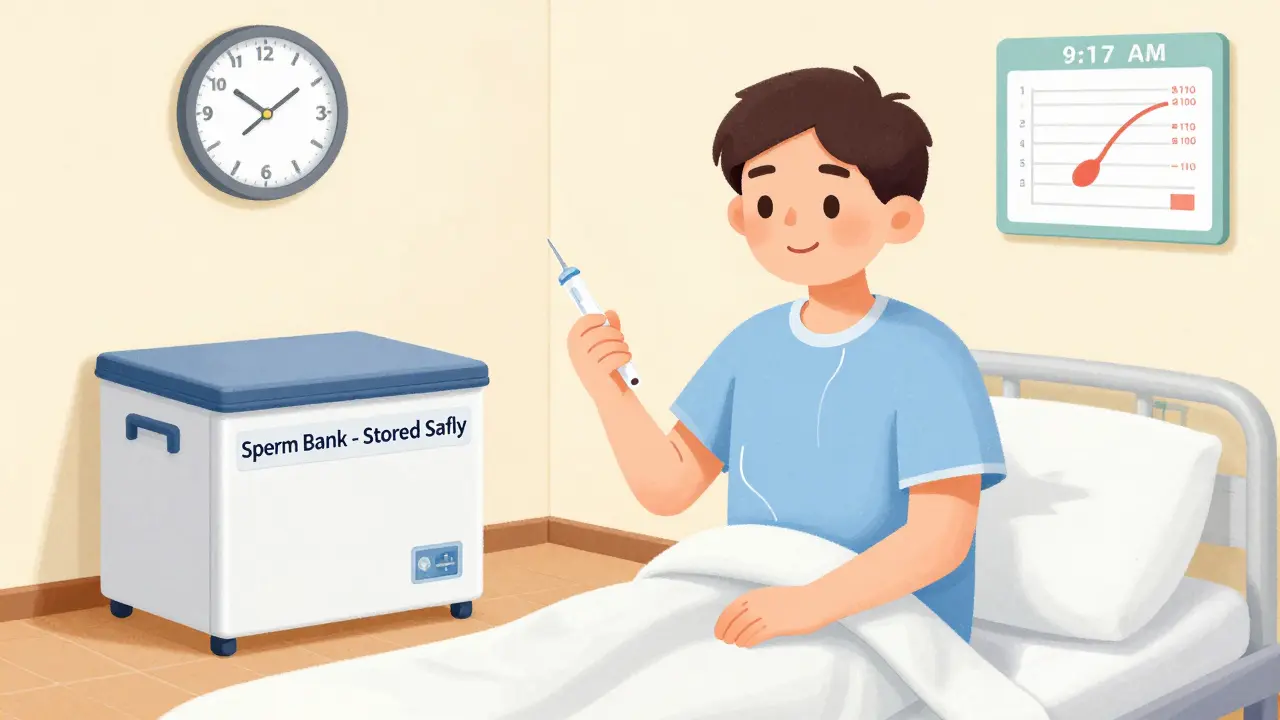 A man donates sperm in a quiet room, with a labeled freezer in the background.