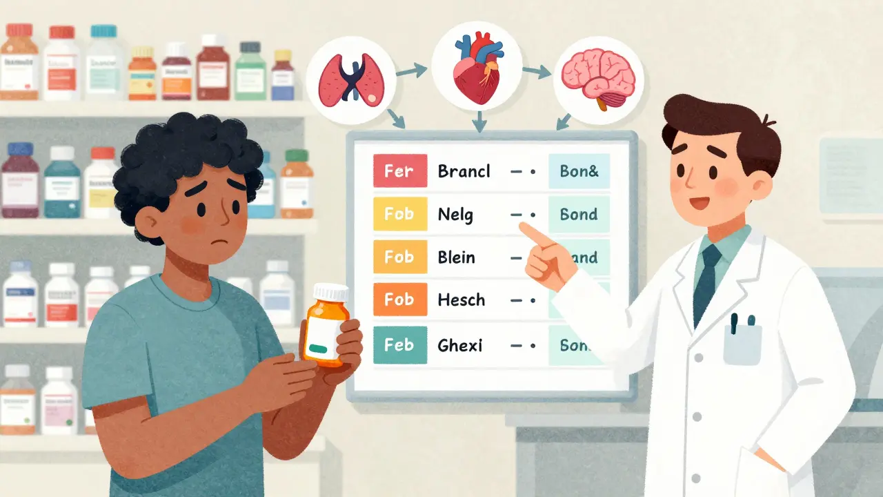 A patient and pharmacist examining a chart comparing brand-name and generic drug ingredients, with medical icons floating around them.