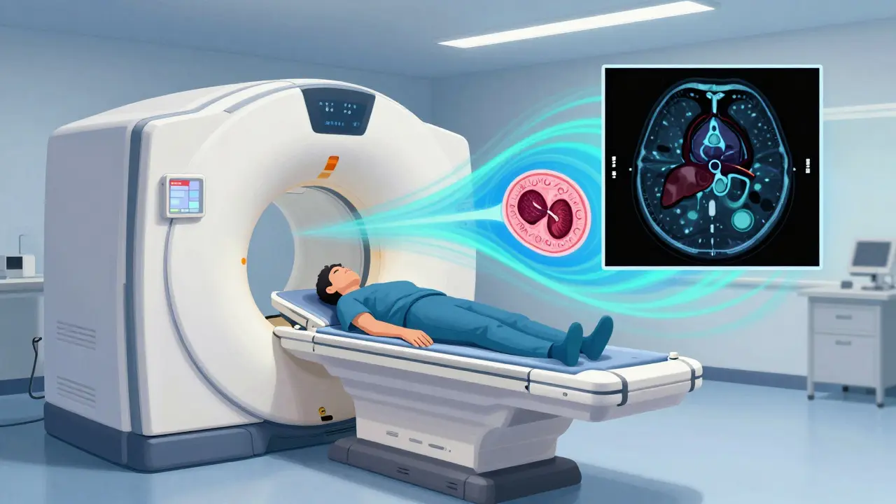 A patient in an MRI machine with magnetic fields transforming into detailed liver and prostate tissue images.