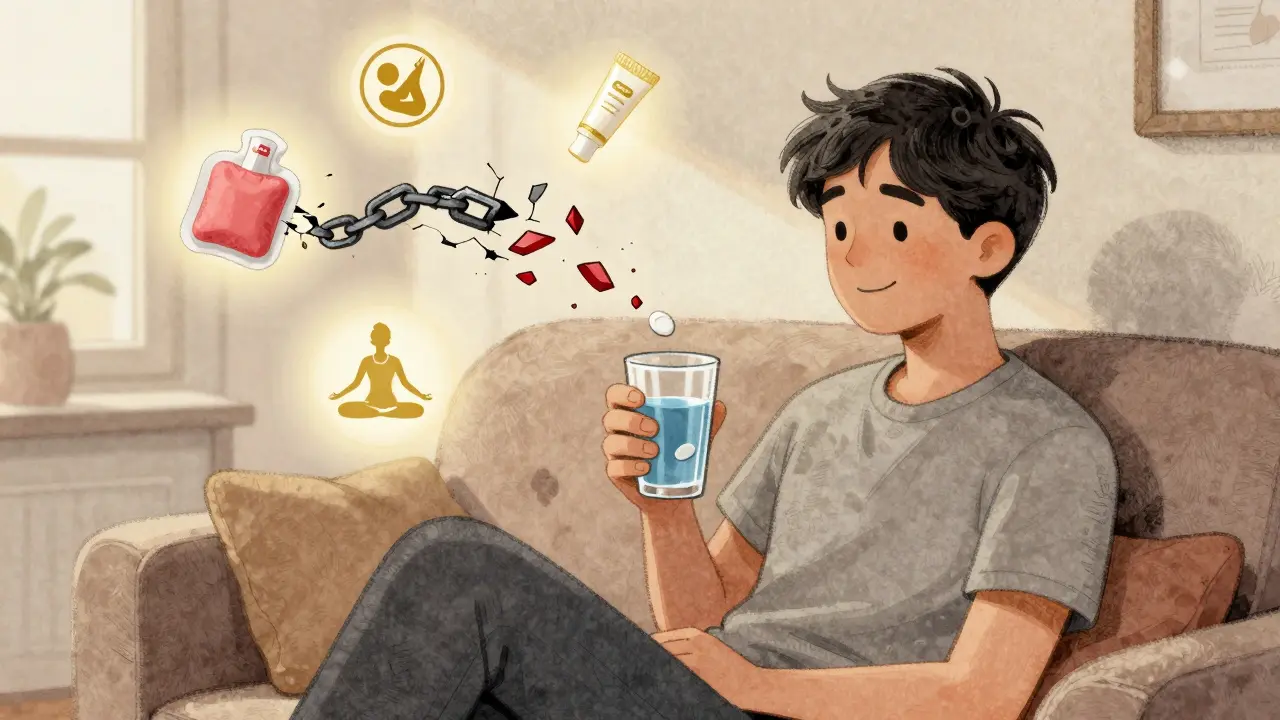 A person safely taking acetaminophen with glowing alternatives like heat packs and yoga, while dangerous drug combo fades away.