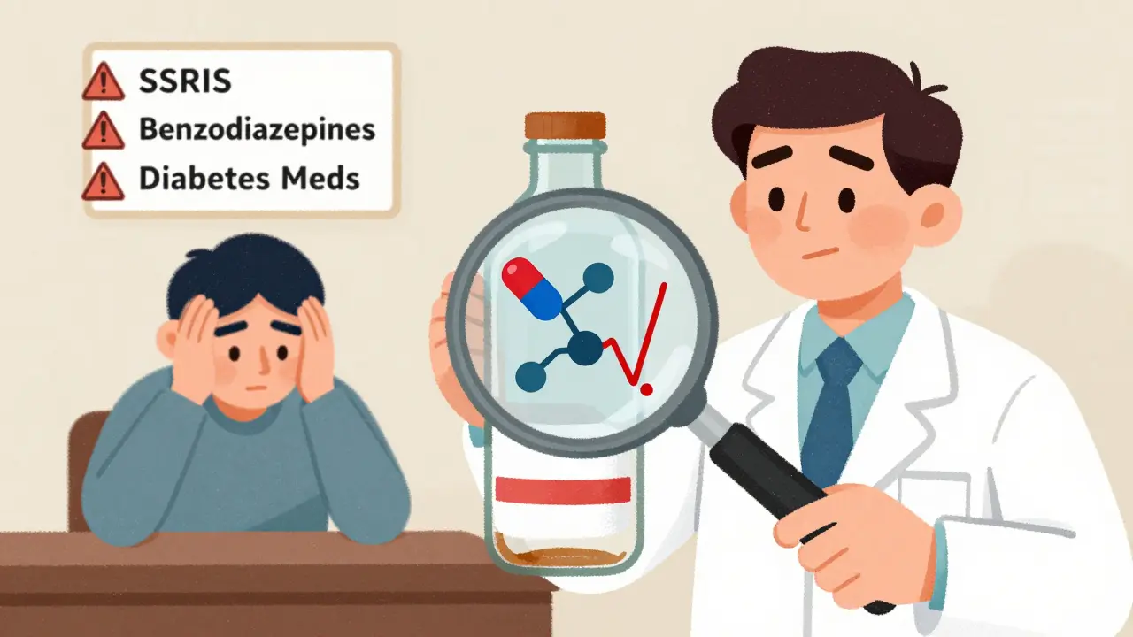 A pharmacist examining kombucha under a magnifying glass, revealing medication interaction icons.