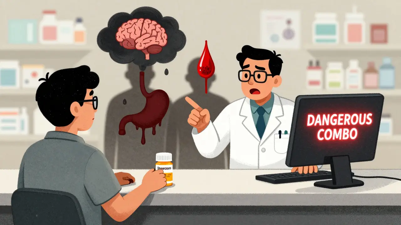 A pharmacist warns a patient at a pharmacy counter about the dangerous combination of blood thinners and NSAIDs.