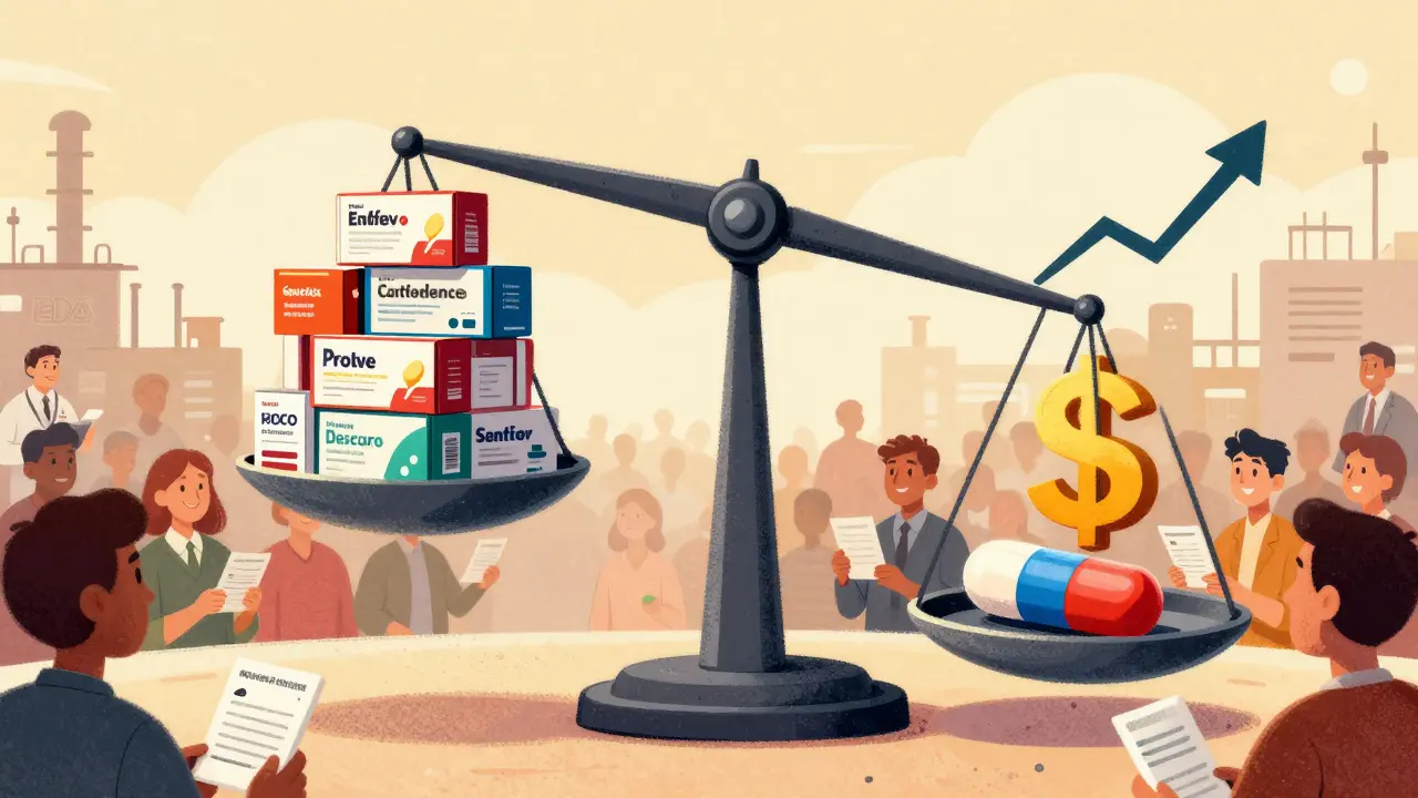 A scale showing expensive brand-name drugs versus a single cheap generic pill, with a rising savings graph and smiling patients in the background.
