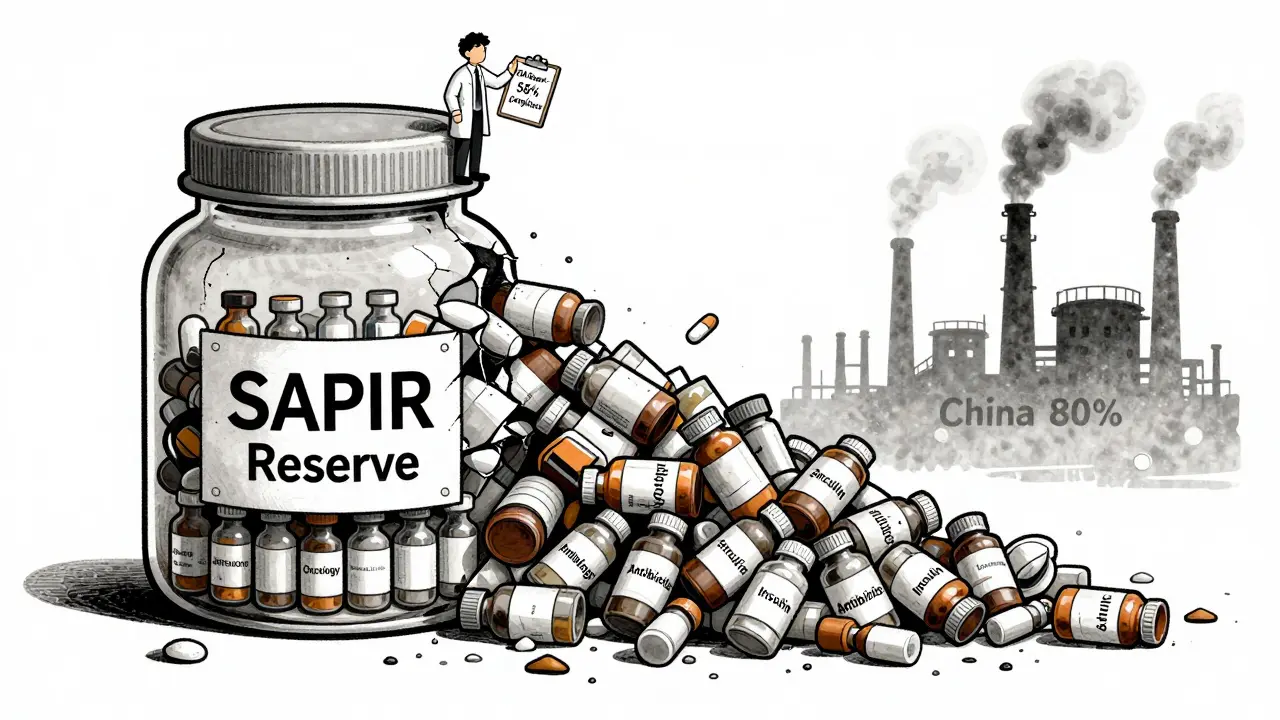 A small reserve of chemical vials beside a mountain of unaddressed drug shortages.