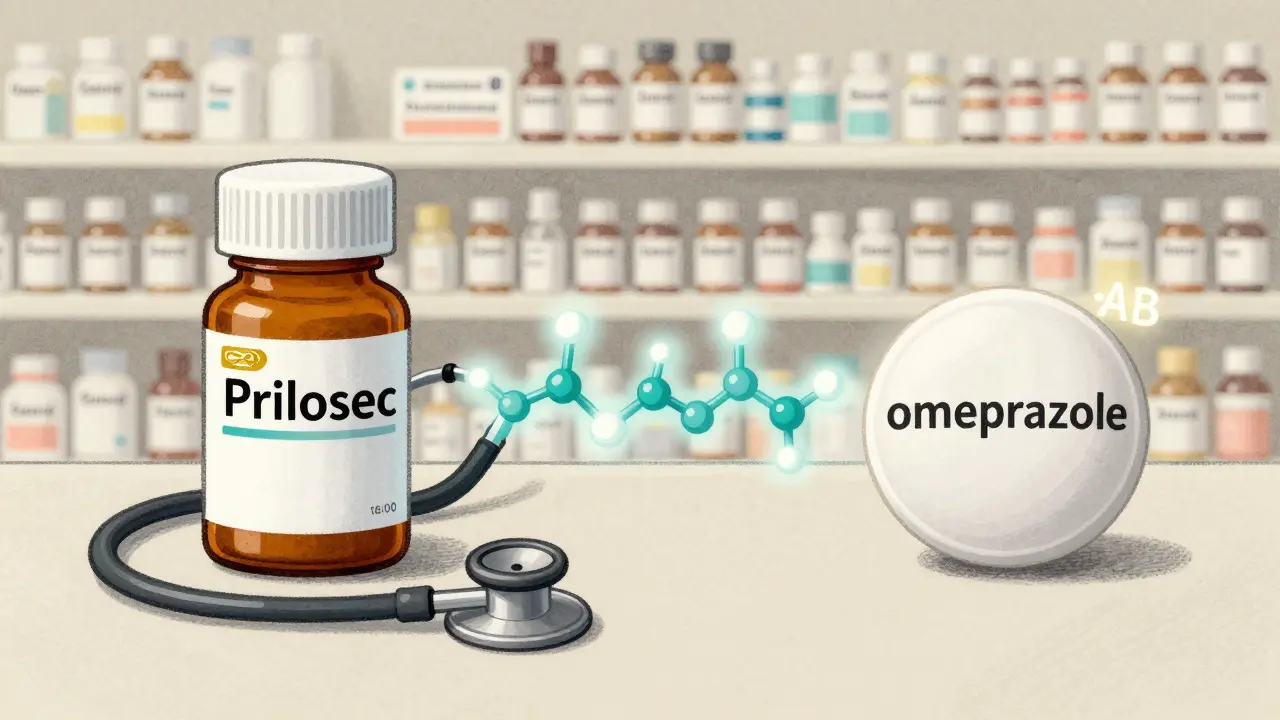 A split illustration comparing brand-name and generic pills connected by a molecular bridge, with pharmacy shelves in the background.