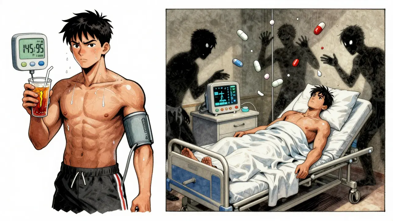 A teen athlete collapsing in an ER while medical monitors show dangerous blood pressure spikes.