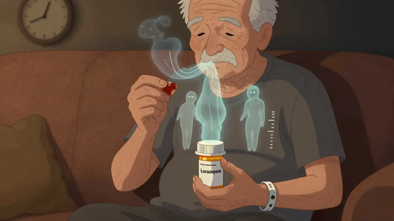An elderly person holding cannabis and prescription pills, with ghostly breaths rising from their chest.