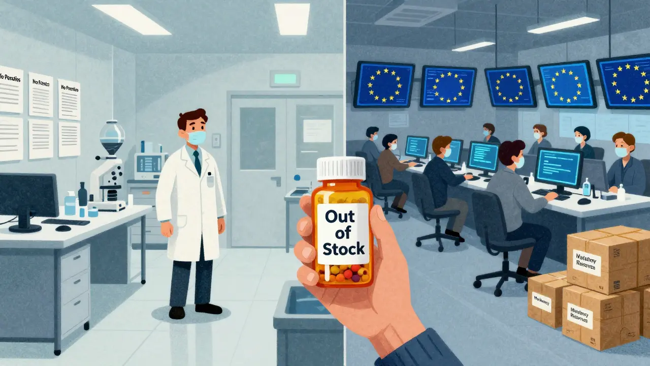 Contrast between chaotic U.S. drug oversight and organized EU system with a patient caught in between.