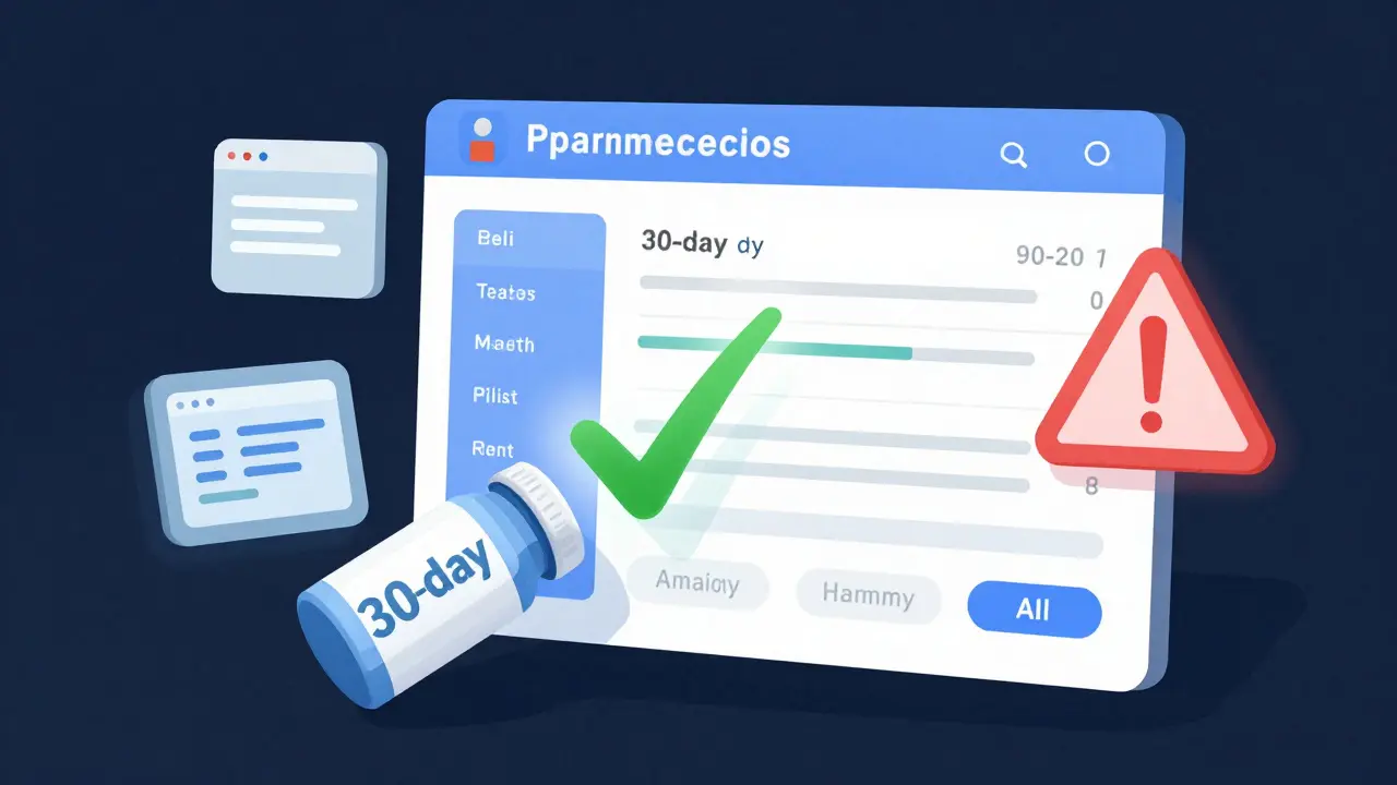 Digital pharmacy system with floating icons analyzing refill patterns, warning triangle near dosage mismatch.